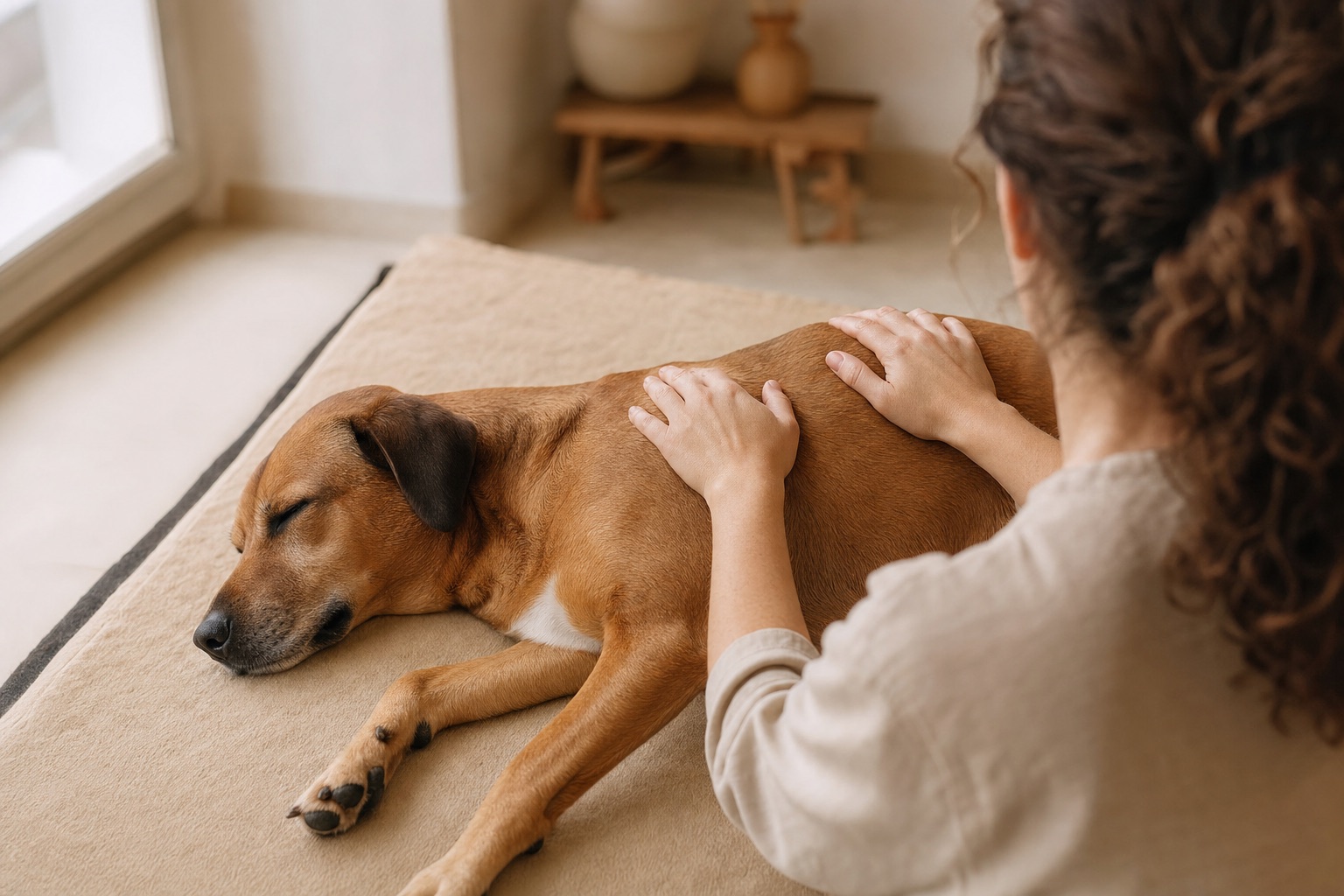 Hund liegt entspannt auf der Seite, Therapeutin von hinten mit ruhig aufgelegten Händen
