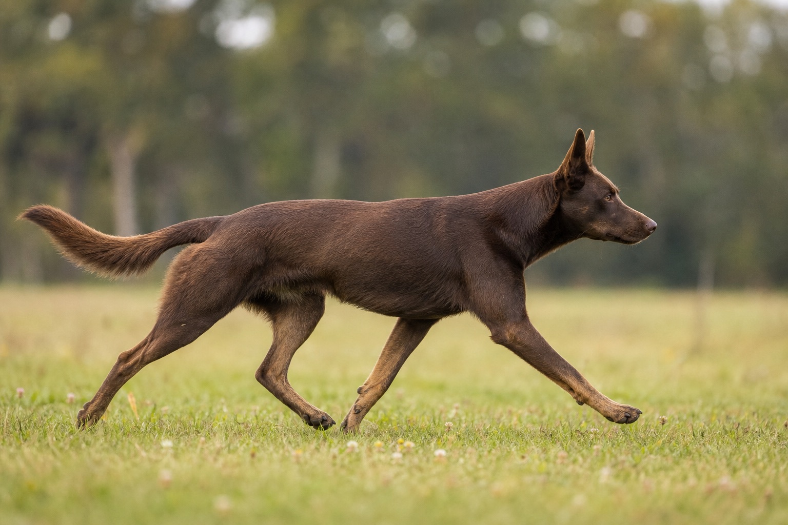 Hund trabt im Seitprofil über eine Wiese, korrekte diagonale Gangart