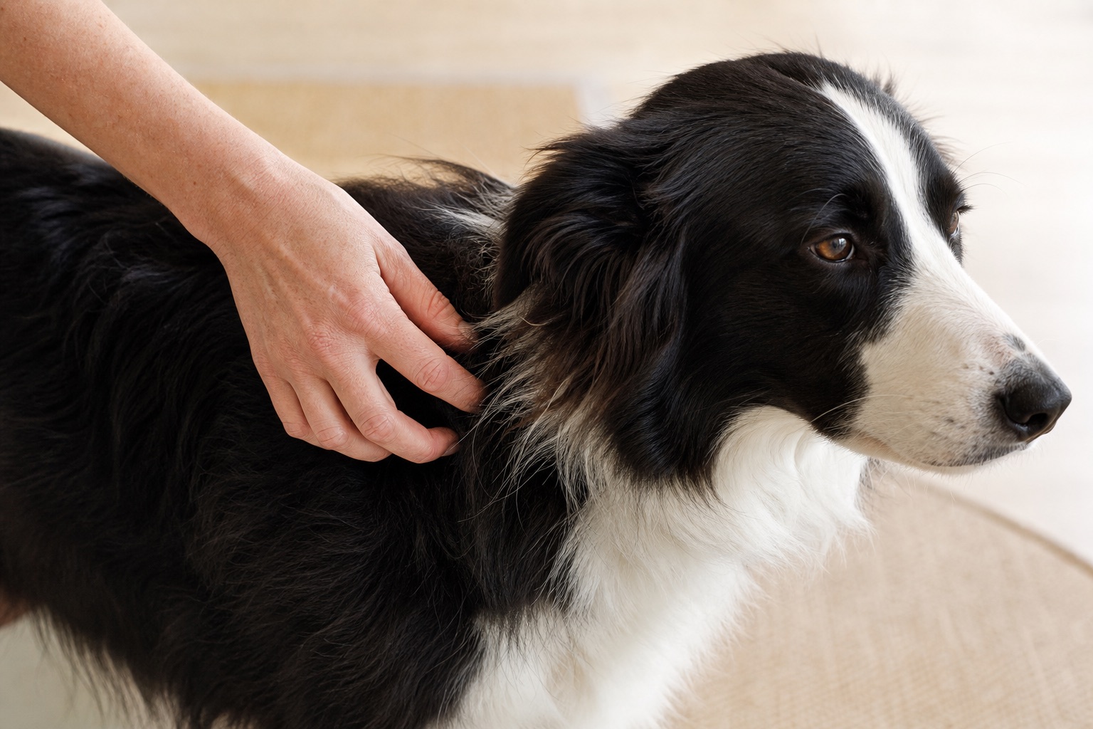 Hand führt langsame kreisförmige TTouch-Griffe über die Schulter eines Collies