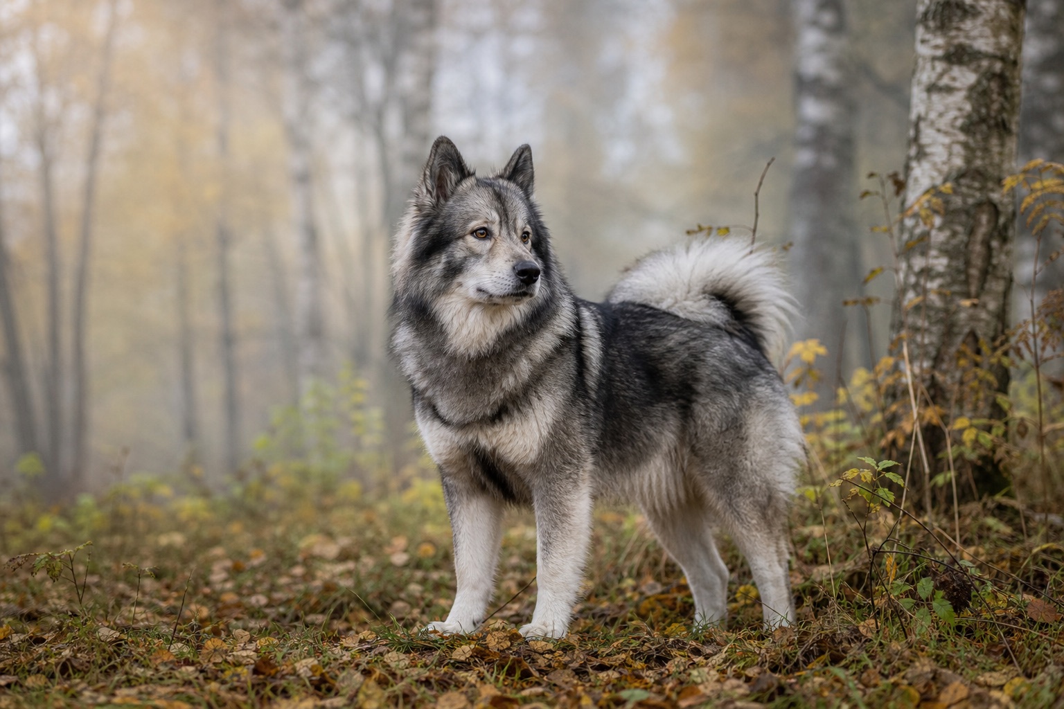 Wolfgrauer nordischer Hund steht aufmerksam im herbstlichen Nebelwald